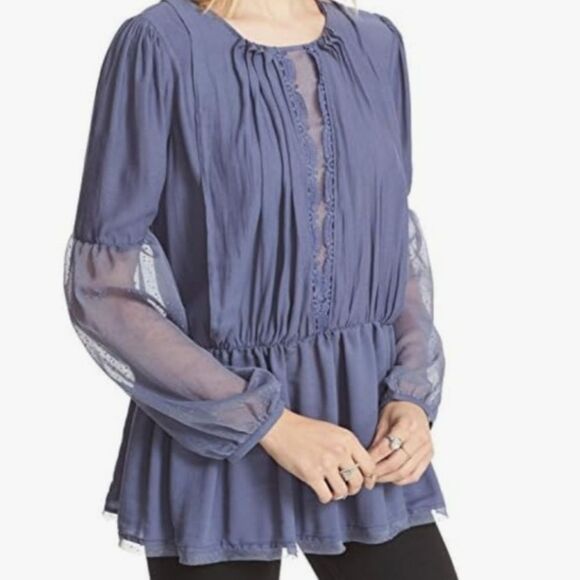 Free People Womens Sz Large the Soul Serene Top Blouse Sheer Boho Open Back Blue - Picture 1 of 10